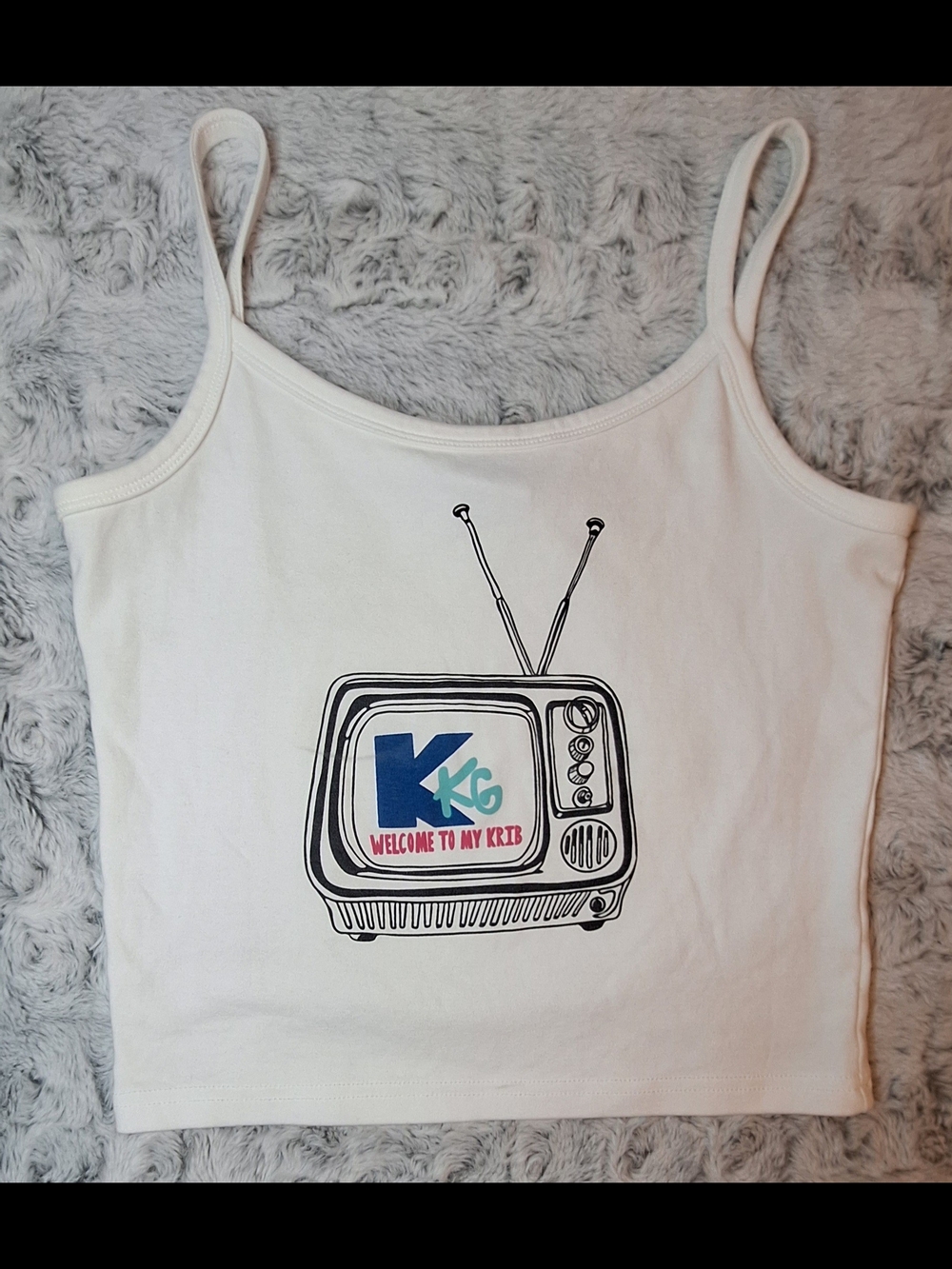 Y2K Aesthetic Retro TV Graphic Crop Cami Top White L